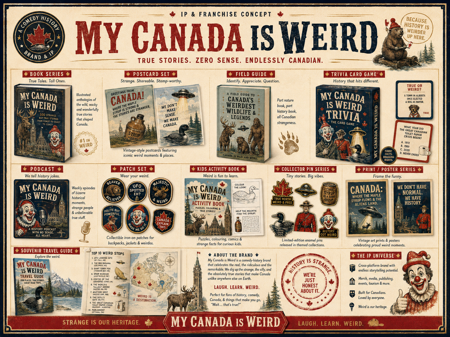 My Canada Is Weird franchise concepts including books, postcards, games, podcasts, patches, activity books, pins, prints and travel guides