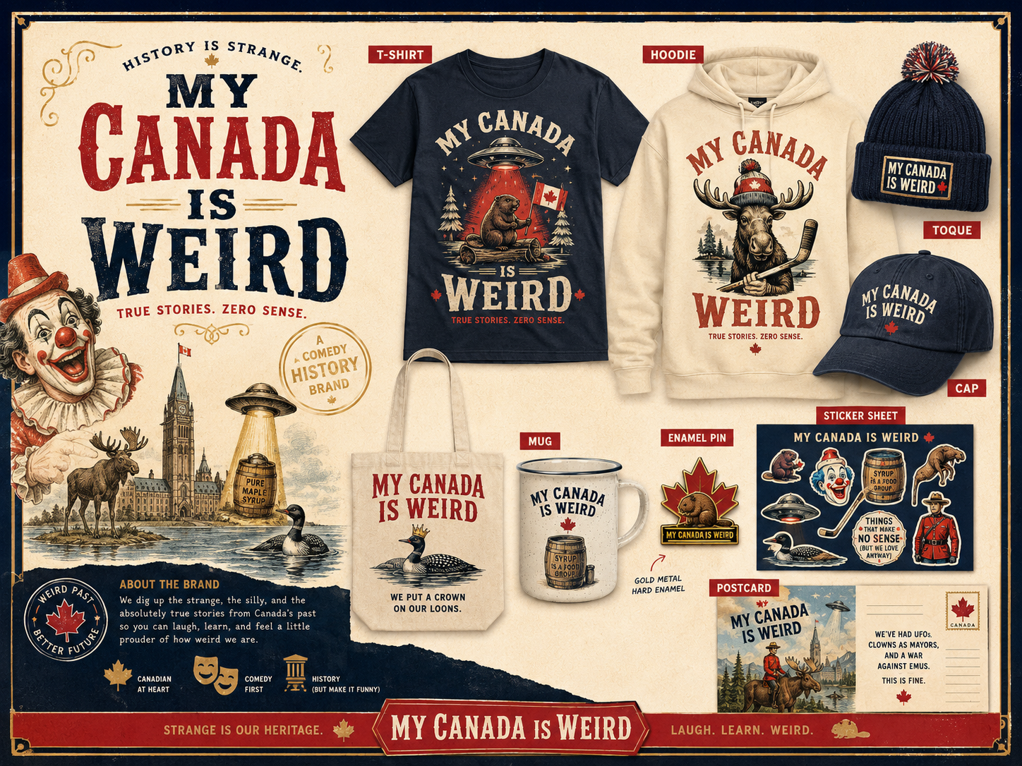 My Canada Is Weird merchandise concepts including shirts, hoodie, toque, cap, tote, mug, pin, stickers and postcard